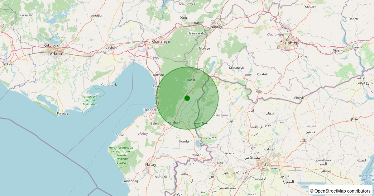 10 Aralık 2025 saat 05:00 - Hassa - Küreci Köyü - 1.50ml depreminin harita gösterimi
