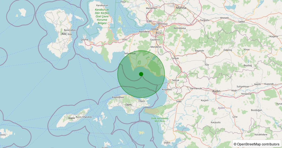 10 Aralık 2025 saat 03:50 - KUSADASI - 1.50ml depreminin harita gösterimi