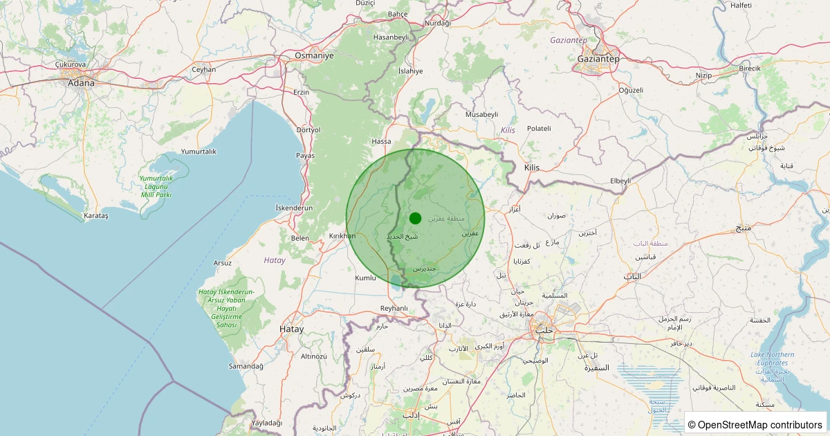 10 Aralık 2025 saat 10:13 - Afrin, Halep (Suriye) - [08.36 km] Kırıkhan (Hatay) - 2.30ML depreminin harita gösterimi