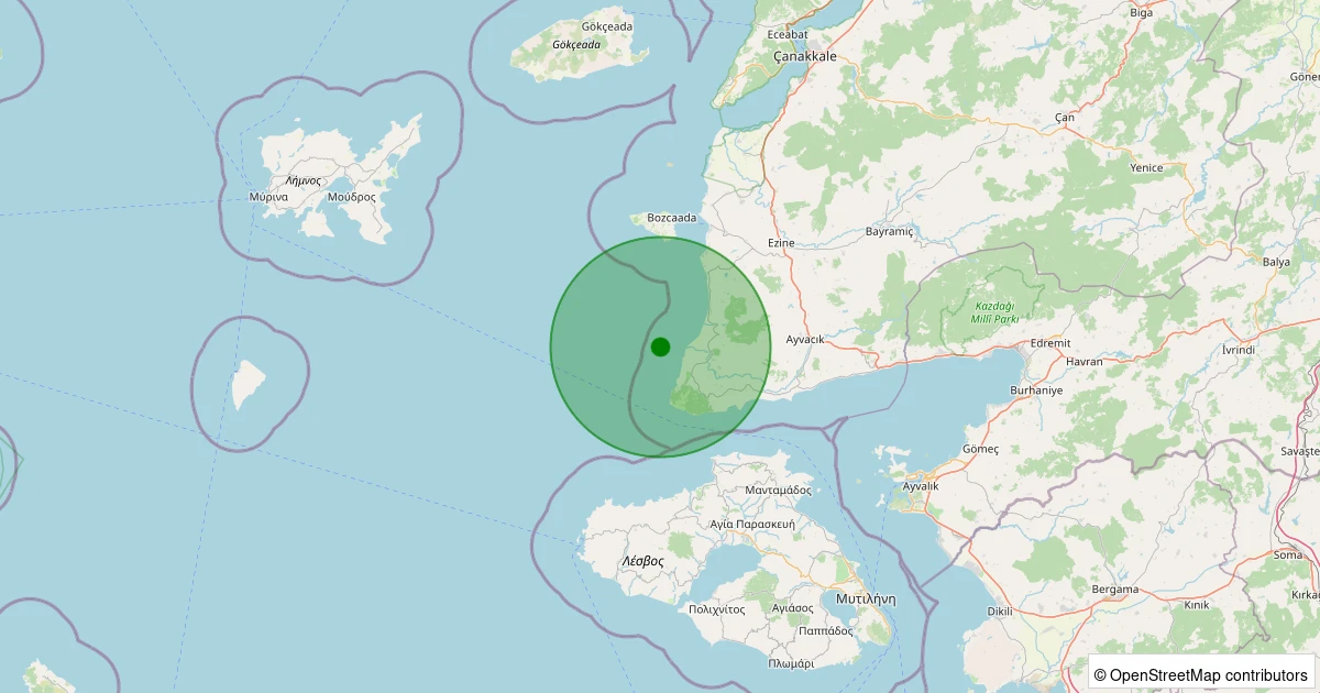 10 Aralık 2025 saat 11:43 - Ege Denizi - [08.95 km] Ayvacık (Çanakkale) - 1.50ML depreminin harita gösterimi