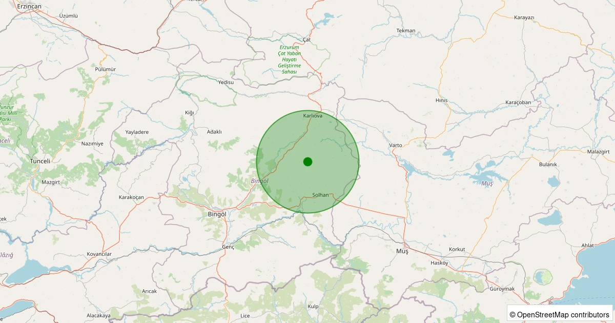 10 Aralık 2025 saat 12:17 - Karlıova - Hasanova Köyü - 1.50ml depreminin harita gösterimi