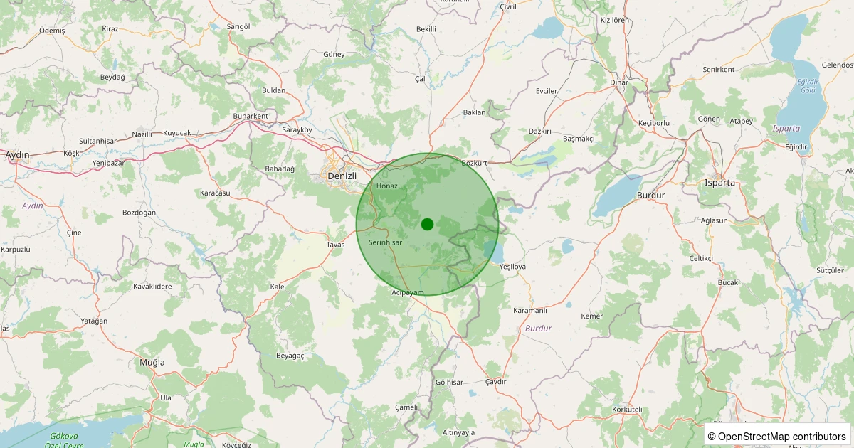 10 Aralık 2025 saat 12:45 - Honaz - Aşağıkaraçay - 1.50ml depreminin harita gösterimi