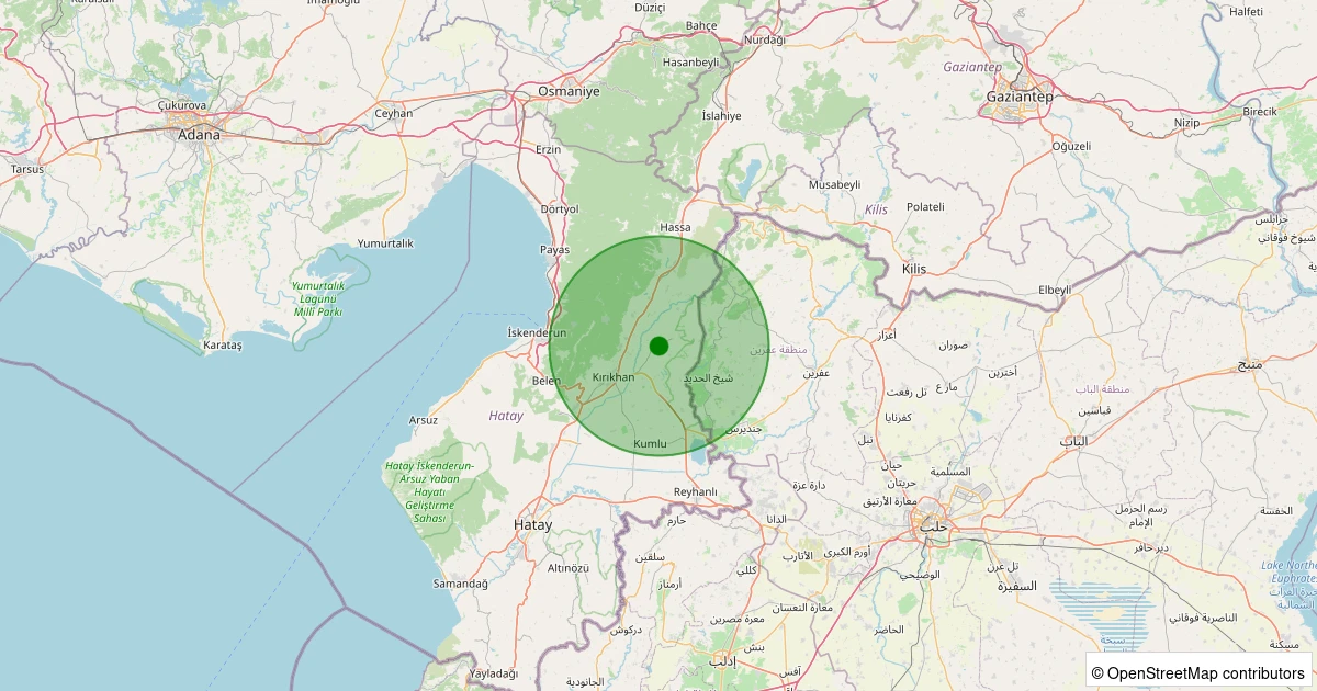 10 Aralık 2025 saat 13:02 - Kırıkhan - İncirli Köyü - 2.10ml depreminin harita gösterimi