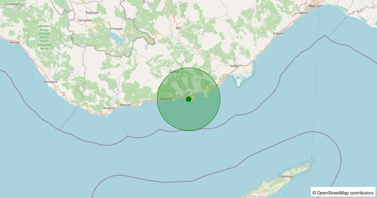 10 Aralık 2025 saat 13:57 - Gülnar - 1.00ml depreminin harita gösterimi