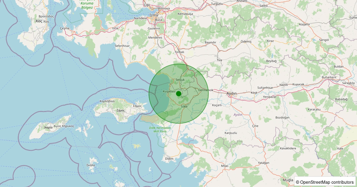 09 Aralık 2025 saat 04:11 - Kuşadası - Kirazlı Köyü - 1.10ml depreminin harita gösterimi