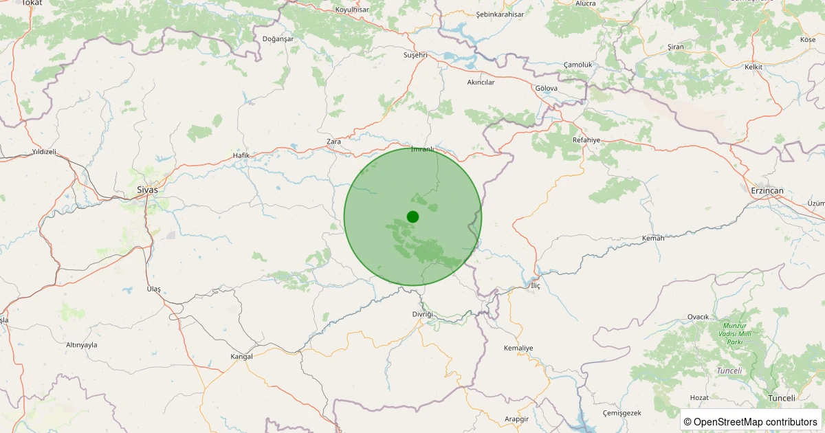 07 Aralık 2025 saat 21:52 - Zara - Evrencik Köyü - 2.00ml depreminin harita gösterimi