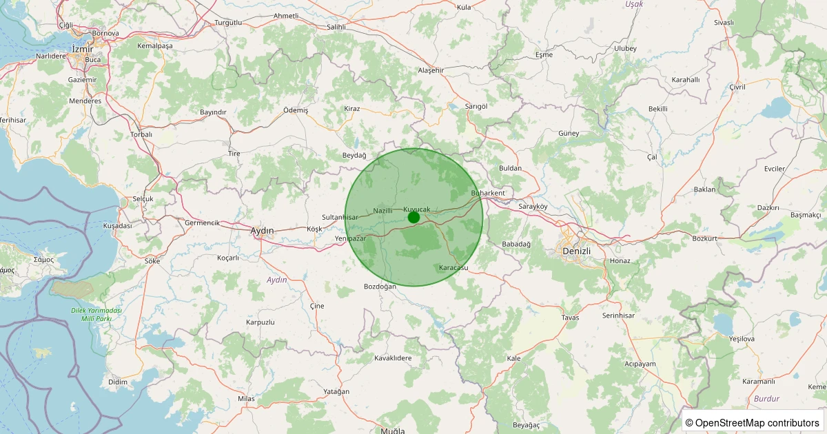 10 Aralık 2025 saat 19:23 - Kuyucak - Merkez Beşeylül - 2.60ml depreminin harita gösterimi