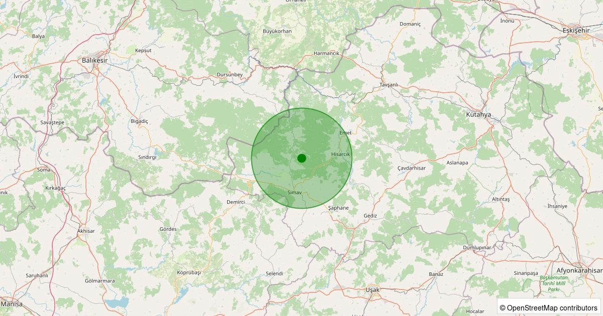 10 Aralık 2025 saat 21:00 - Simav - Yemişli Köyü - 1.00ML depreminin harita gösterimi