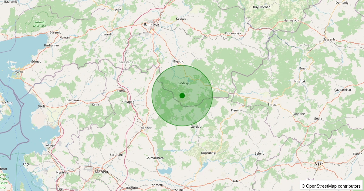 10 Aralık 2025 saat 22:00 - Sındırgı - Kınık - 1.50ml depreminin harita gösterimi