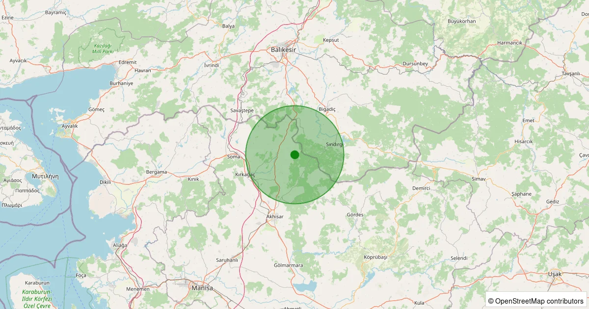 13 Ekim 2025 saat 13:33 - Kırkağaç - Dualar - 1.10ml depreminin harita gösterimi