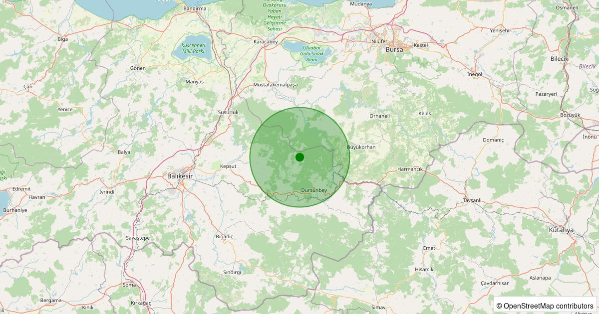 11 Aralık 2025 saat 05:43 - Dursunbey - Odaköy - 1.90ML depreminin harita gösterimi