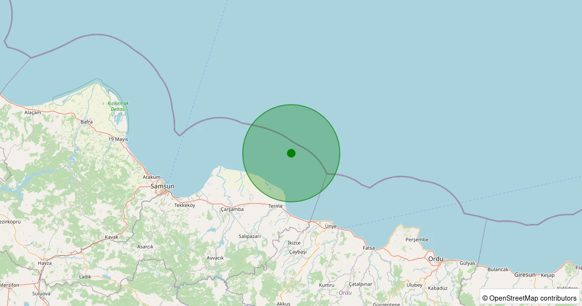 11 Aralık 2025 saat 09:02 - Karadeniz - [19.05 km] Terme (Samsun) - 1.60ML depreminin harita gösterimi
