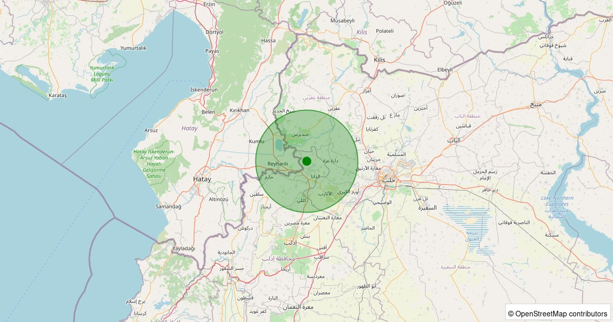 11 Aralık 2025 saat 12:56 - Harem, İdlib (Suriye) - [03.91 km] Reyhanlı (Hatay) - 1.40ML depreminin harita gösterimi