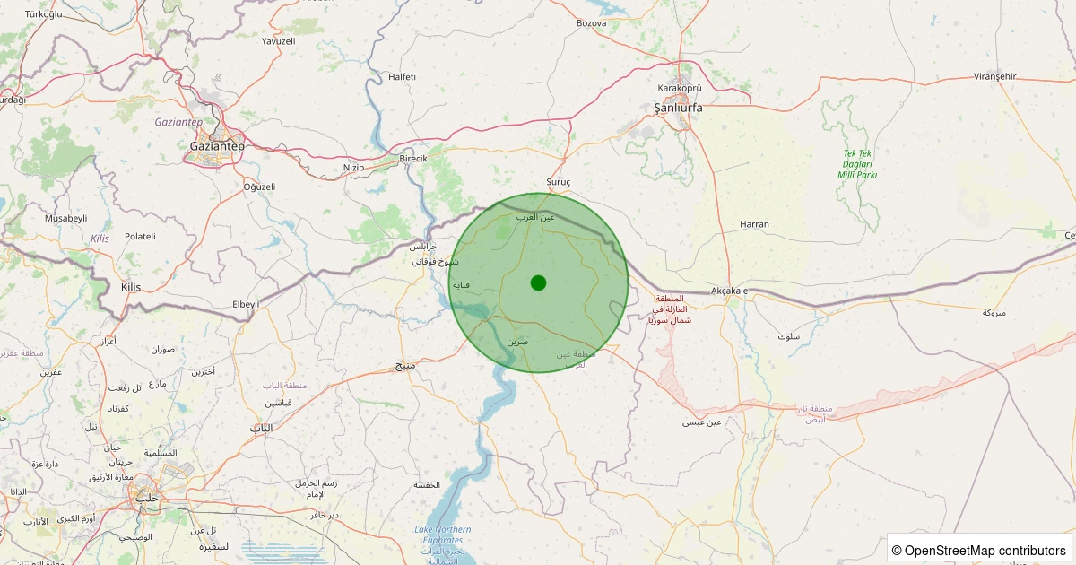 11 Aralık 2025 saat 14:05 - Ayn el-Arab, Halep (Suriye) - [19.16 km] Suruç (Şanlıurfa) - 2.20ML depreminin harita gösterimi