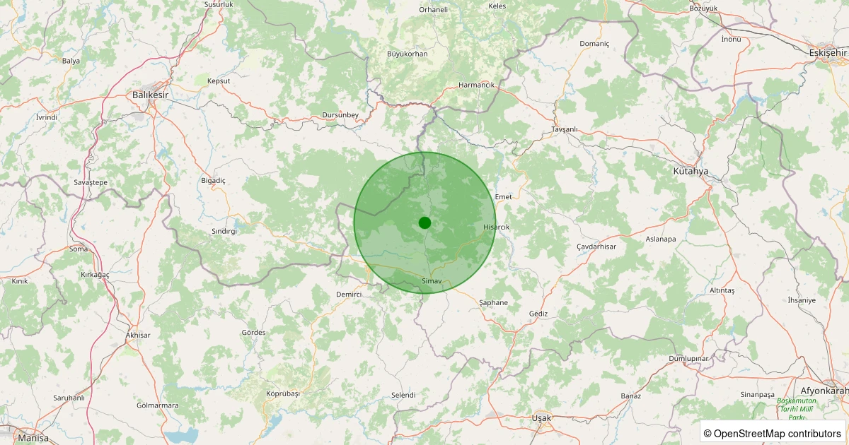 11 Aralık 2025 saat 16:34 - Simav - Karakoca Köyü - 2.10ML depreminin harita gösterimi