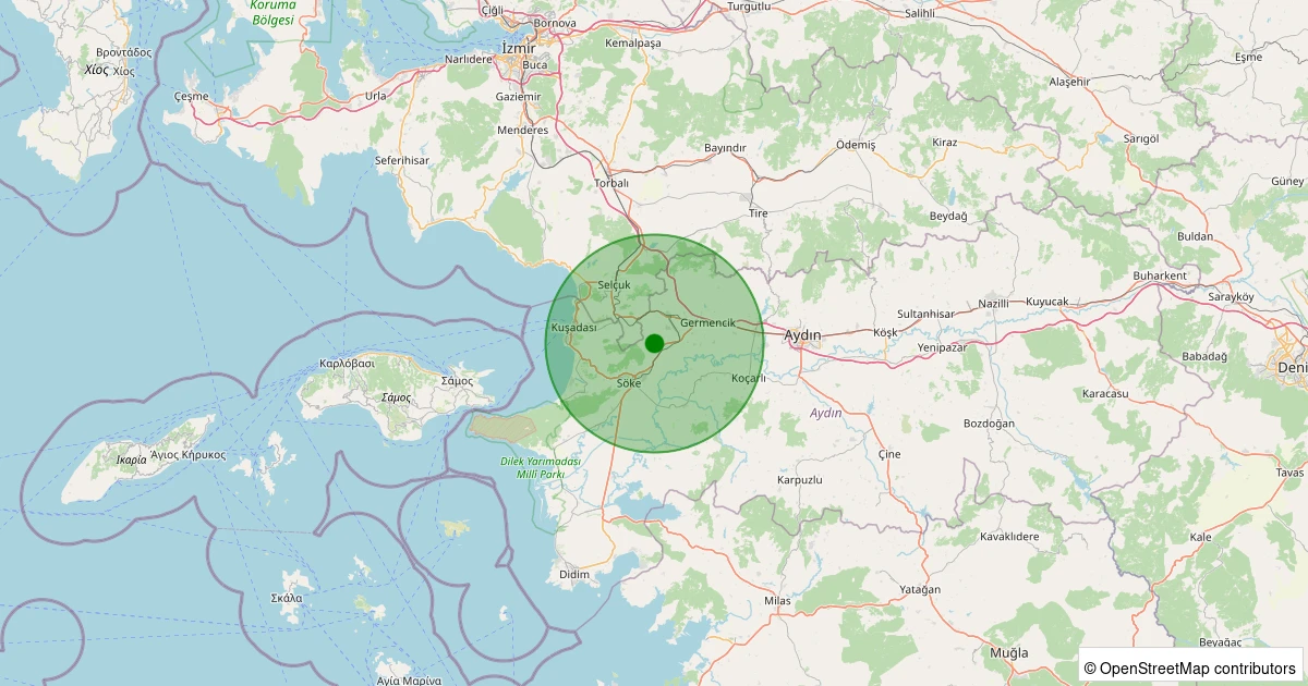12 Aralık 2025 saat 00:27 - Söke - Sazlıköy - 1.10ML depreminin harita gösterimi