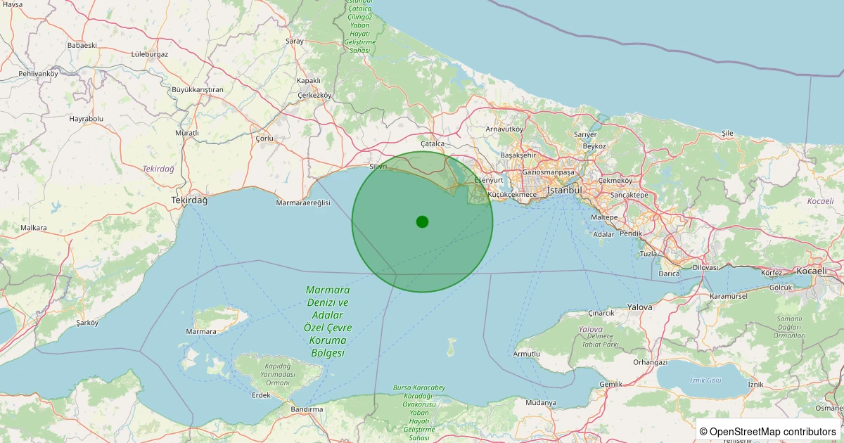 12 Aralık 2025 saat 00:38 - Marmara Denizi - [12.73 km] Büyükçekmece (İstanbul) - 1.80ML depreminin harita gösterimi