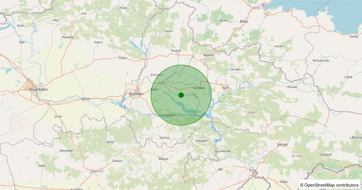 12 Aralık 2025 saat 03:45 - Beşiri - Kurukavak Köyü - 1.10ML depreminin harita gösterimi