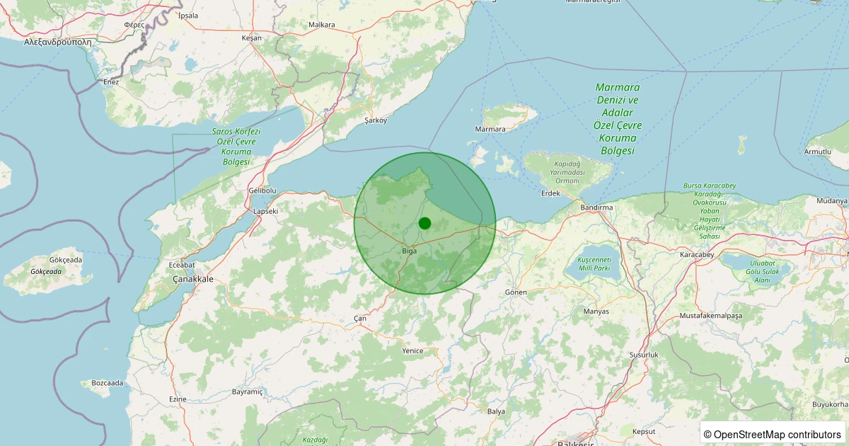 12 Aralık 2025 saat 04:13 - Biga - Gümüşçay Köyü - 0.90ML depreminin harita gösterimi