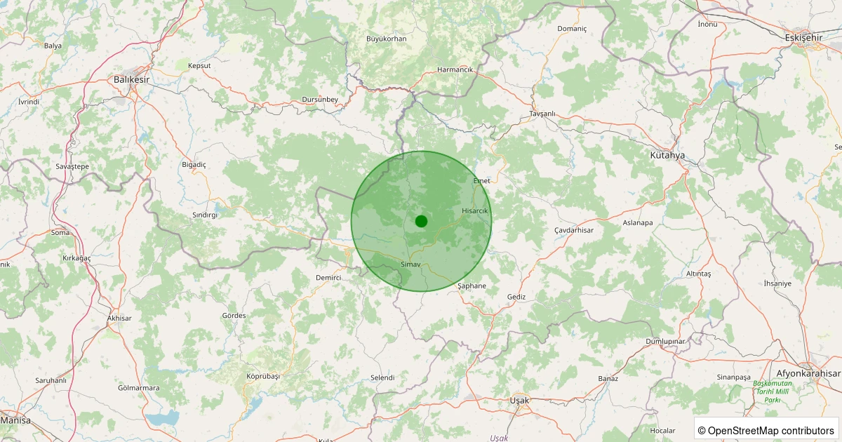 12 Aralık 2025 saat 06:39 - Simav - Yemişli Köyü - 0.80ml depreminin harita gösterimi