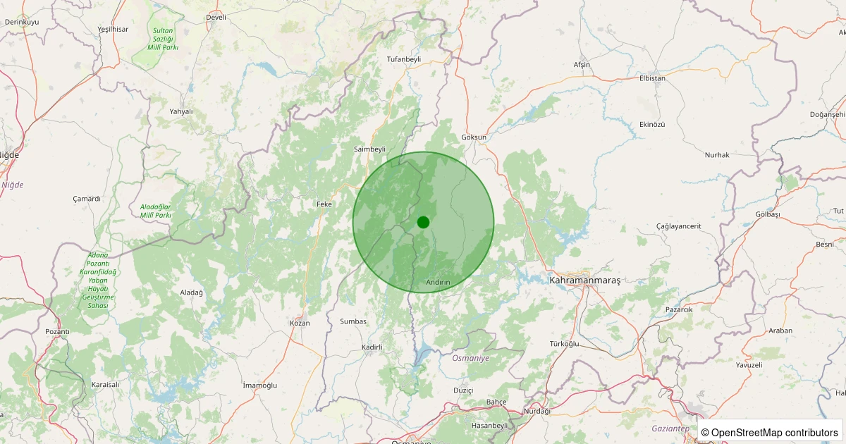 12 Aralık 2025 saat 07:45 - Andırın - Çığşar Köyü - 1.90ml depreminin harita gösterimi