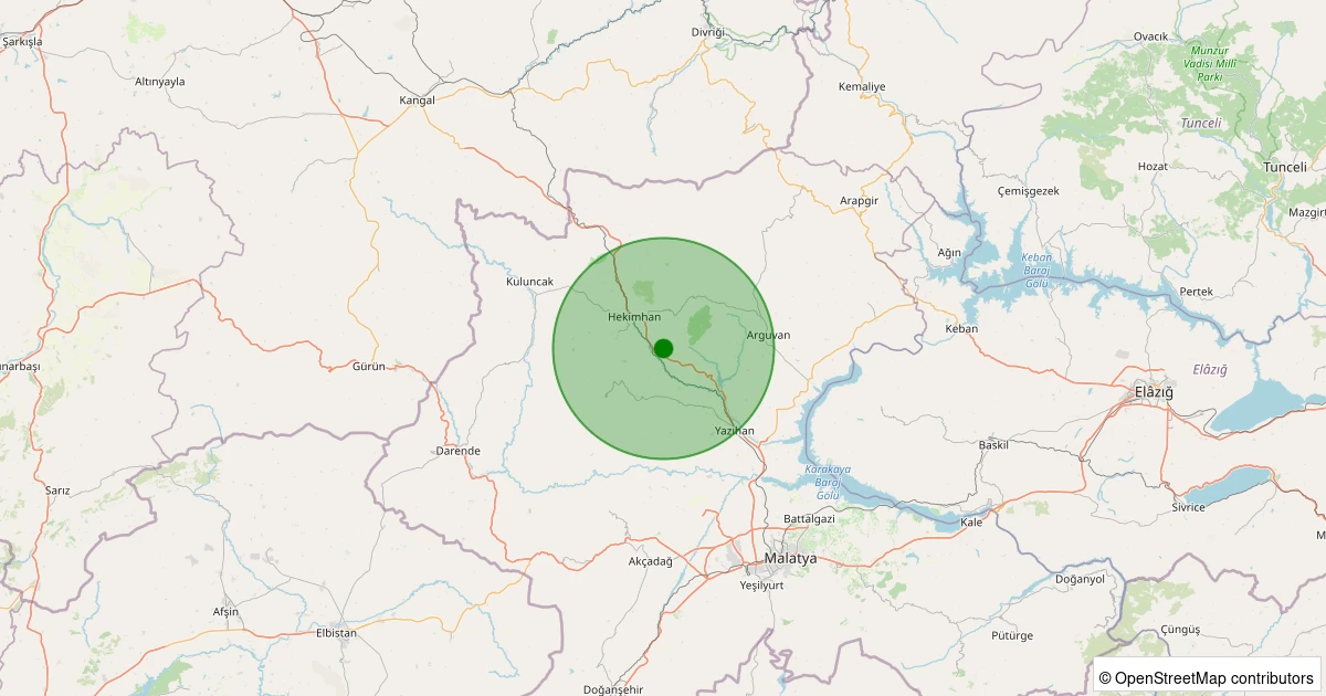 12 Aralık 2025 saat 08:00 - Hekimhan - Kocaözü Köyü - 1.70ml depreminin harita gösterimi