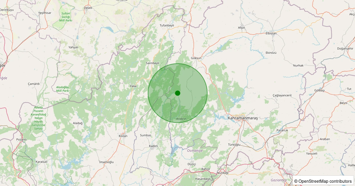 12 Aralık 2025 saat 07:45 - Andırın - Çığşar Köyü - 1.90ml depreminin harita gösterimi