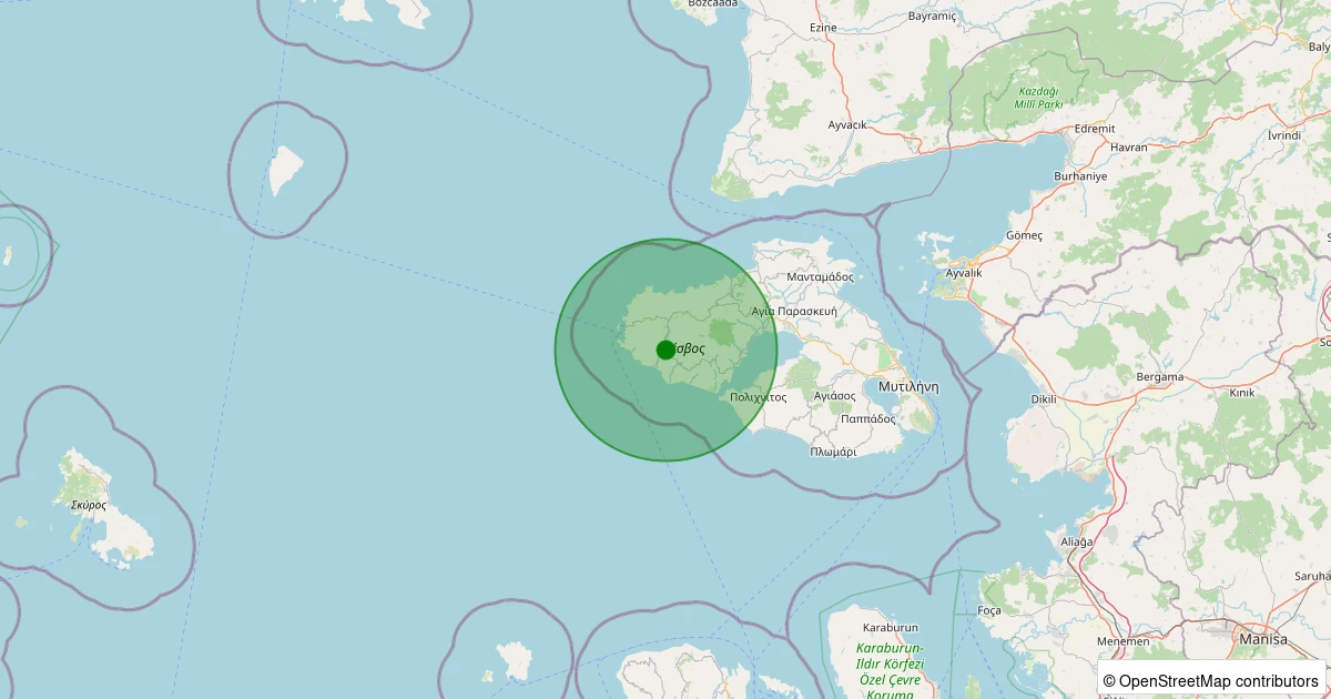 12 Aralık 2025 saat 08:59 - Ege Denizi, Midilli Adası (Lesvos) - [35.67 km] Ayvacık (Çanakkale) - 1.20ML depreminin harita gösterimi