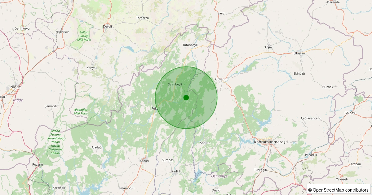 12 Aralık 2025 saat 09:31 - Saimbeyli - Aksaağaç - 1.80ml depreminin harita gösterimi