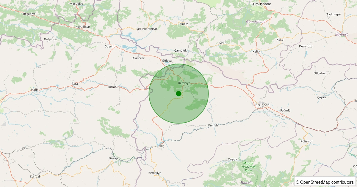 12 Aralık 2025 saat 09:37 - Refahiye - Arpayazı Köyü - 1.10ml depreminin harita gösterimi