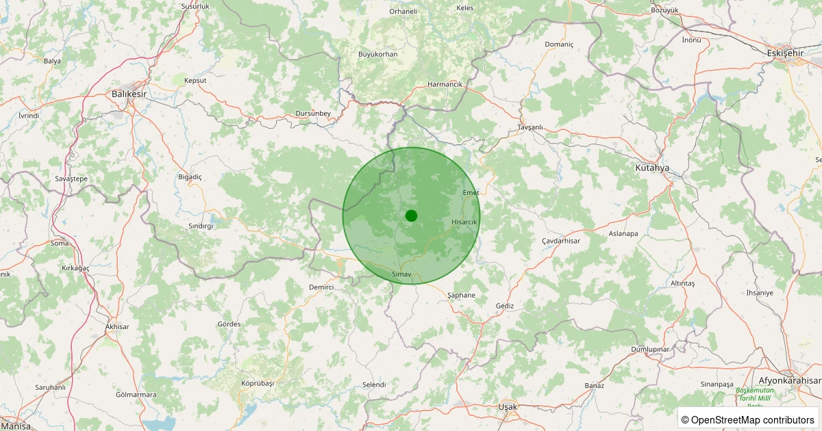 12 Aralık 2025 saat 11:53 - Simav - Yeşildere Köyü - 1.20ml depreminin harita gösterimi