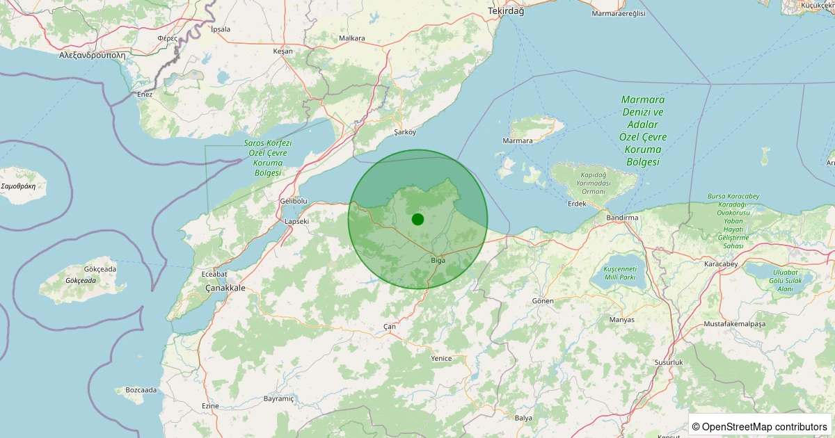 12 Aralık 2025 saat 12:39 - Biga - Hacı Hüseyin Yaylası Köyü - 2.50ml depreminin harita gösterimi