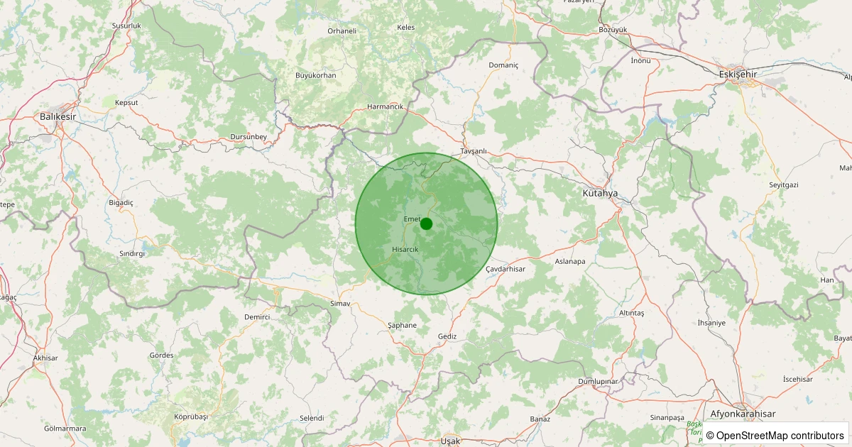 12 Aralık 2025 saat 13:31 - Emet - Bahatlar Köyü - 1.60ml depreminin harita gösterimi