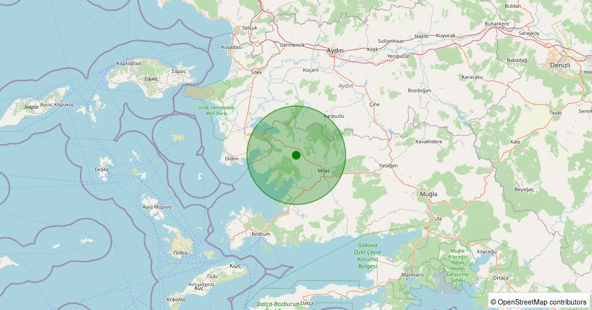 12 Aralık 2025 saat 13:06 - Milas - Çandır - 1.50ML depreminin harita gösterimi