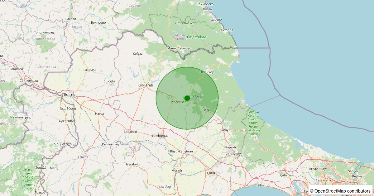 12 Aralık 2025 saat 13:22 - Pınarhisar - Poyralı Köyü - 1.00ML depreminin harita gösterimi