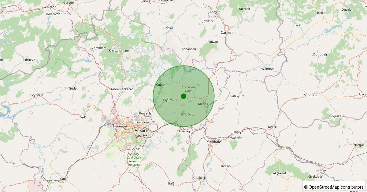 12 Aralık 2025 saat 14:19 - Akyurt - Karacakaya-İmar - 1.90ML depreminin harita gösterimi