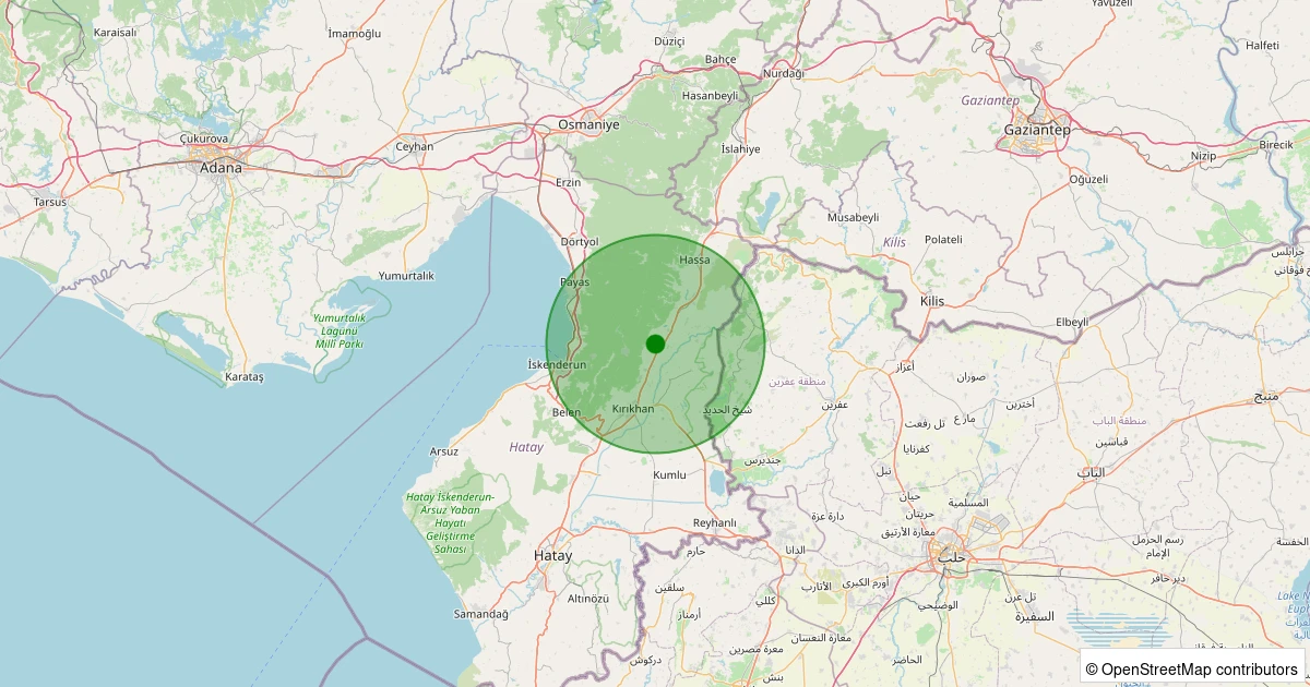 12 Aralık 2025 saat 12:53 - Kırıkhan - Bektaşlı Köyü - 2.20ML depreminin harita gösterimi