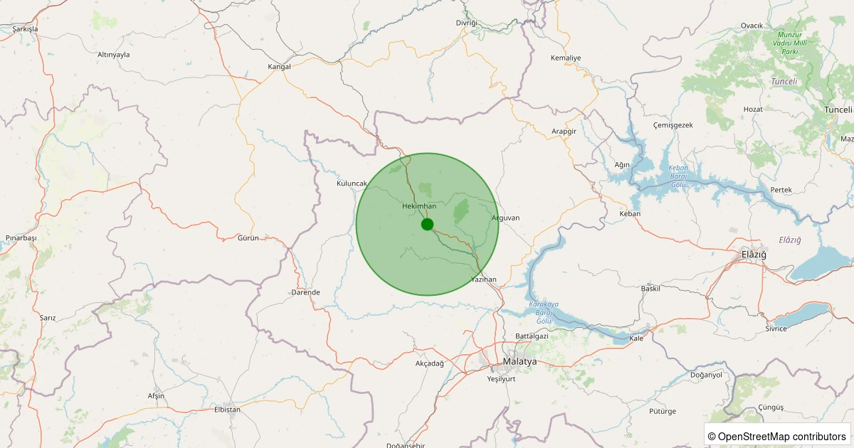 12 Aralık 2025 saat 16:15 - Hekimhan - Güzelyurt Köyü - 2.10ml depreminin harita gösterimi