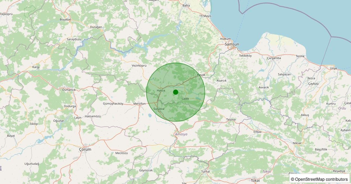 12 Aralık 2025 saat 15:55 - Ladik - Hamamayağı - 1.20ML depreminin harita gösterimi