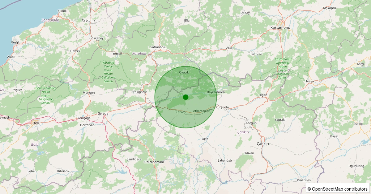 12 Aralık 2025 saat 16:19 - Çerkeş - Kabak Köyü - 1.20ml depreminin harita gösterimi