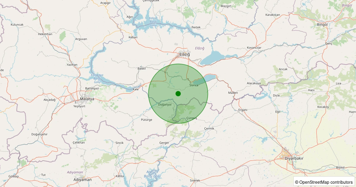 12 Aralık 2025 saat 17:41 - Sivrice - Kösebayır Köyü - 1.70ml depreminin harita gösterimi