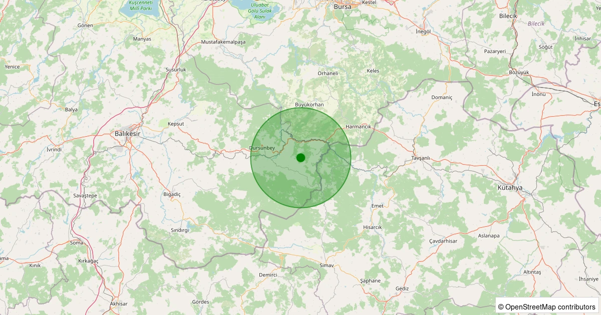 12 Aralık 2025 saat 18:00 - Dursunbey - Emeksiz - 1.20ML depreminin harita gösterimi