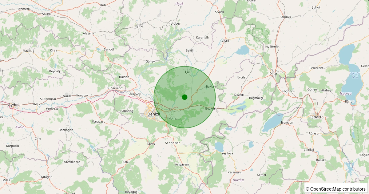 12 Aralık 2025 saat 22:29 - Çal - Belevi Köyü - 1.80ml depreminin harita gösterimi