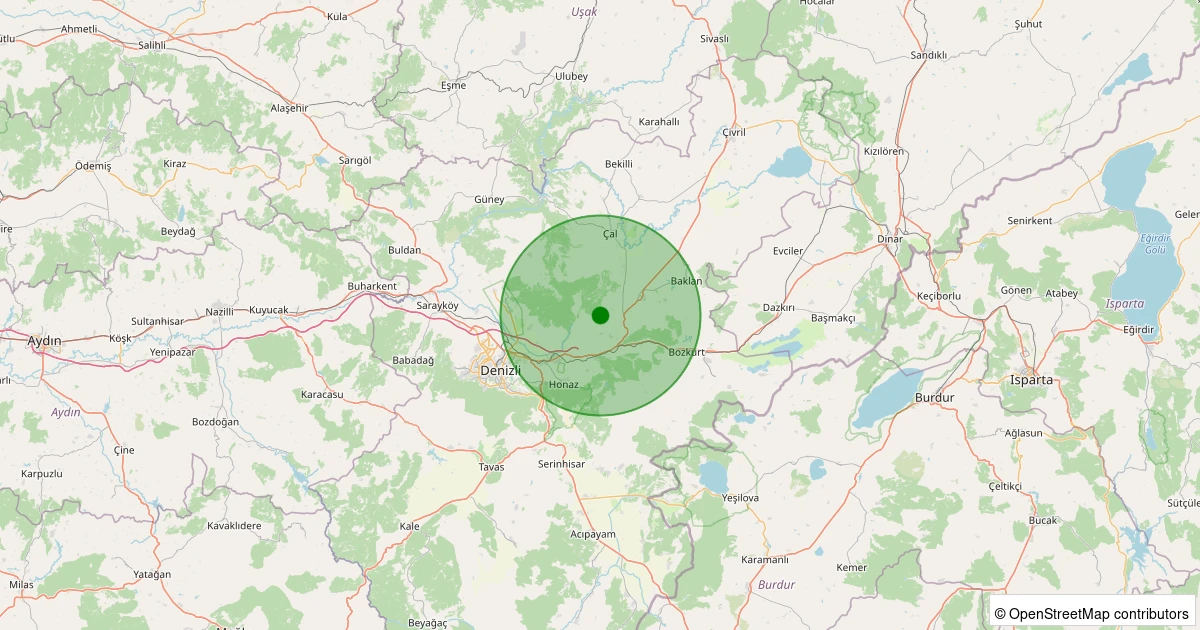 12 Aralık 2025 saat 22:29 - Çal - Belevi Köyü - 1.70ML depreminin harita gösterimi
