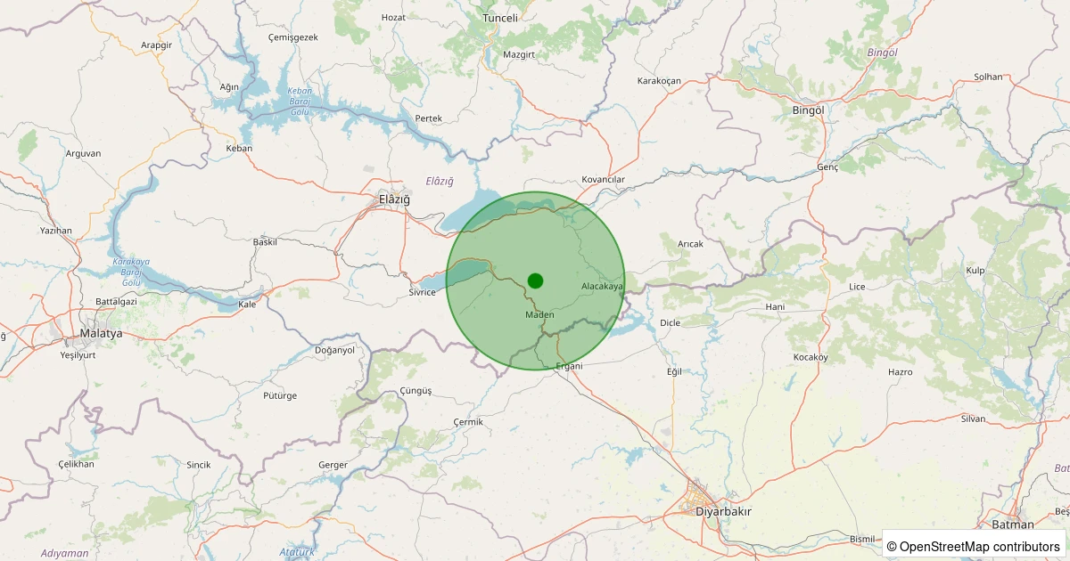13 Aralık 2025 saat 01:57 - Maden - Kayalar Köyü - 0.90ML depreminin harita gösterimi