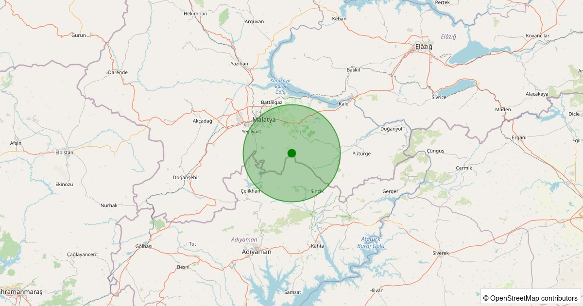 13 Aralık 2025 saat 04:01 - Battalgazi - Uluköy Köyü - 1.10ml depreminin harita gösterimi