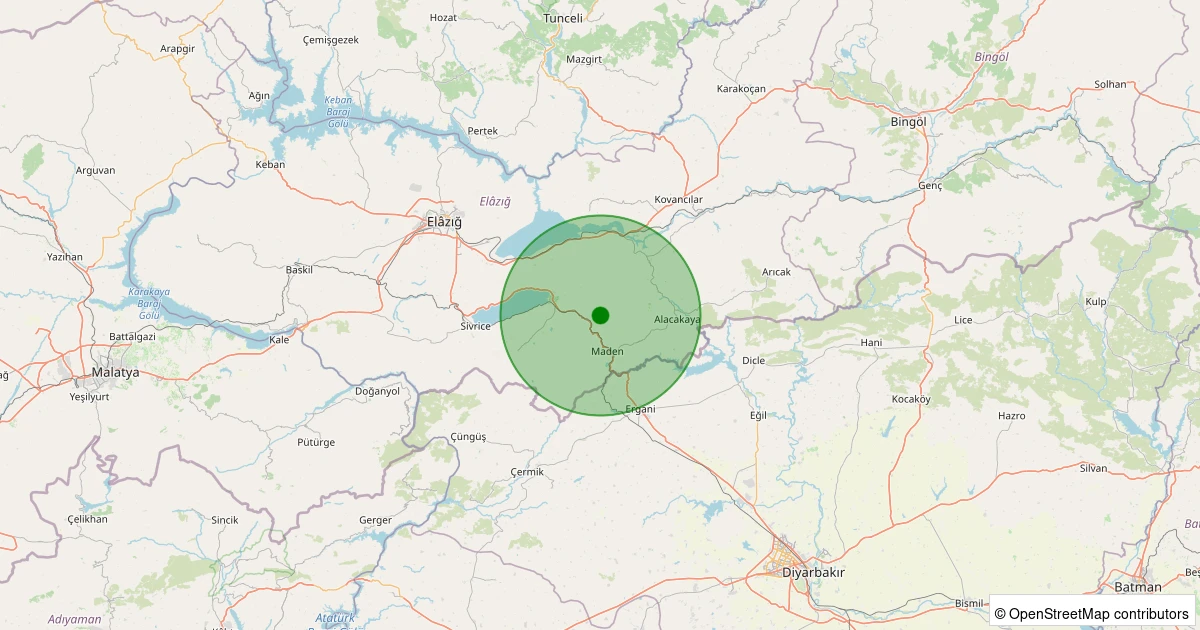 13 Aralık 2025 saat 06:46 - Maden - Kayalar Köyü - 1.60ML depreminin harita gösterimi