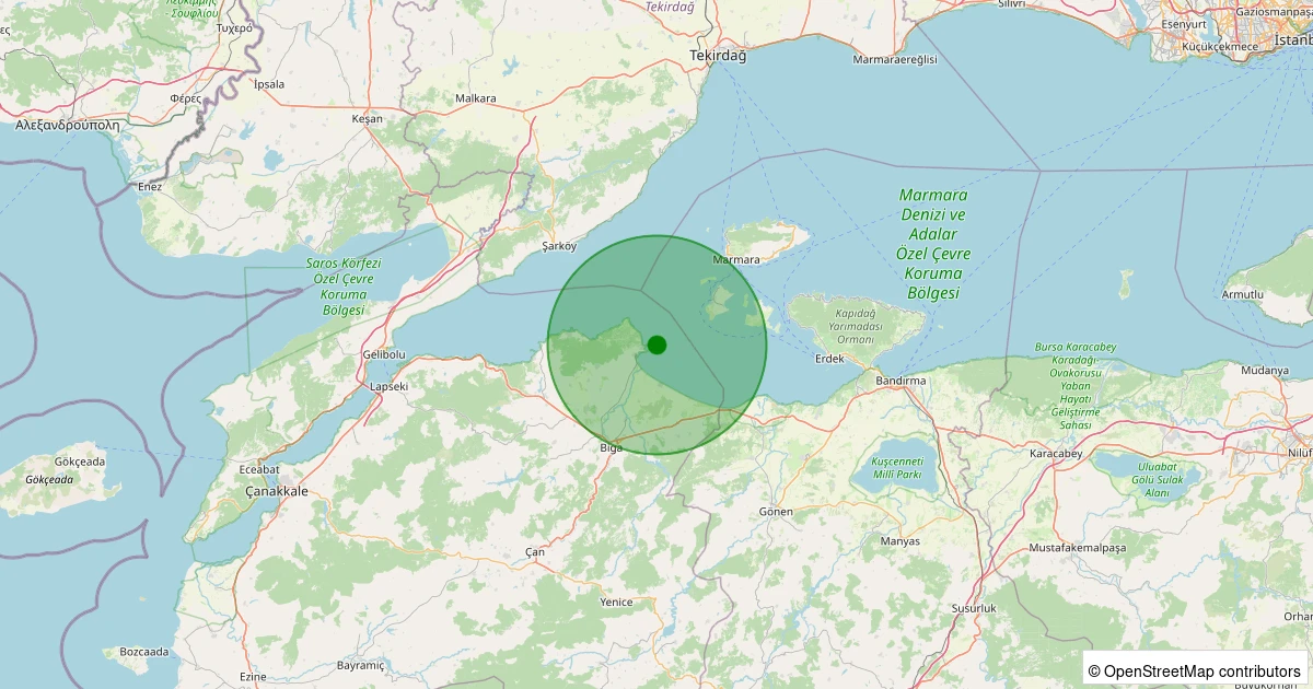 13 Aralık 2025 saat 09:54 - KARABIGA-BIGA - 0.90ml depreminin harita gösterimi