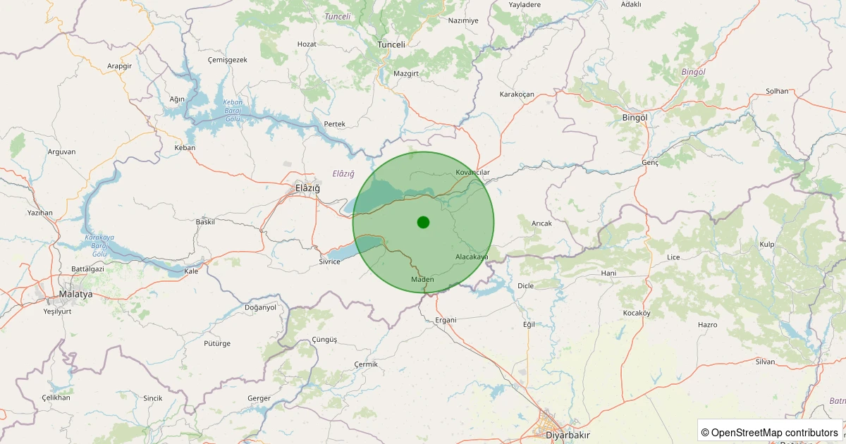 13 Aralık 2025 saat 00:07 - Maden - Kumyazı Köyü - 1.40ml depreminin harita gösterimi