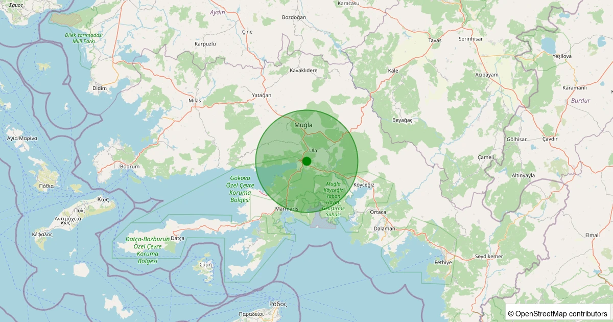 13 Aralık 2025 saat 12:41 - Ula - Gökova - 1.50ml depreminin harita gösterimi